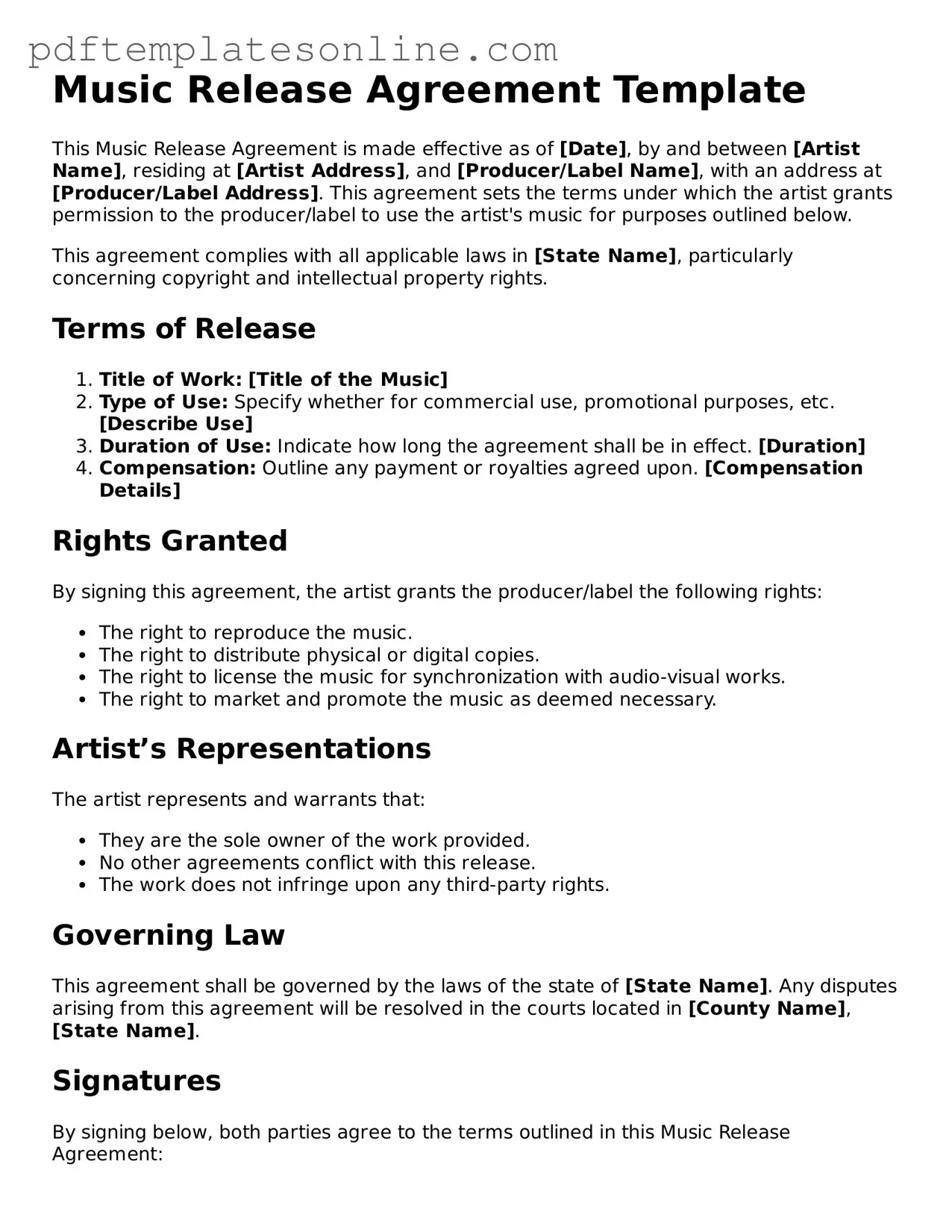 Fillable Music Release Document