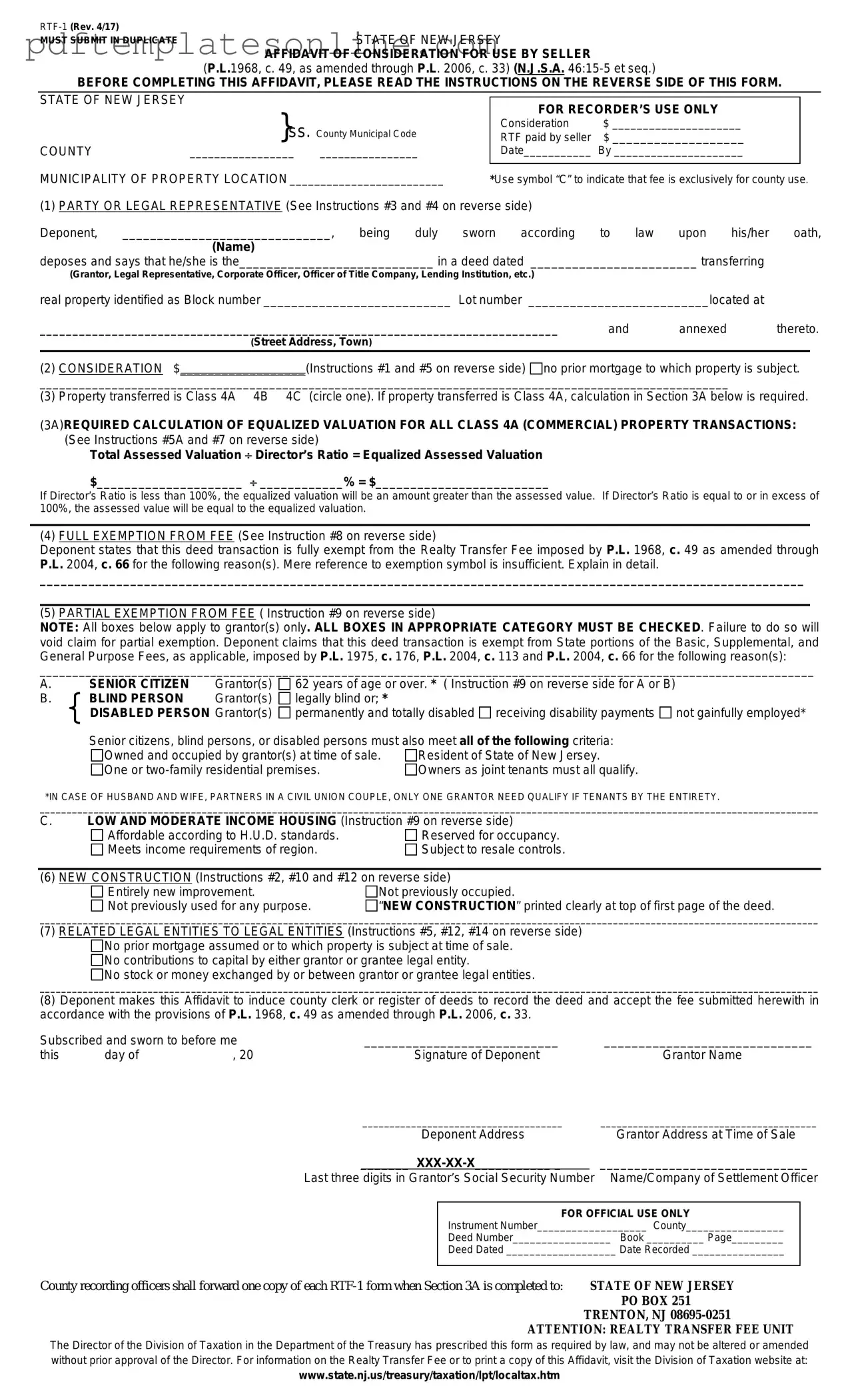 Blank New Jersey Affidavit of Consideration RTF-1 Form