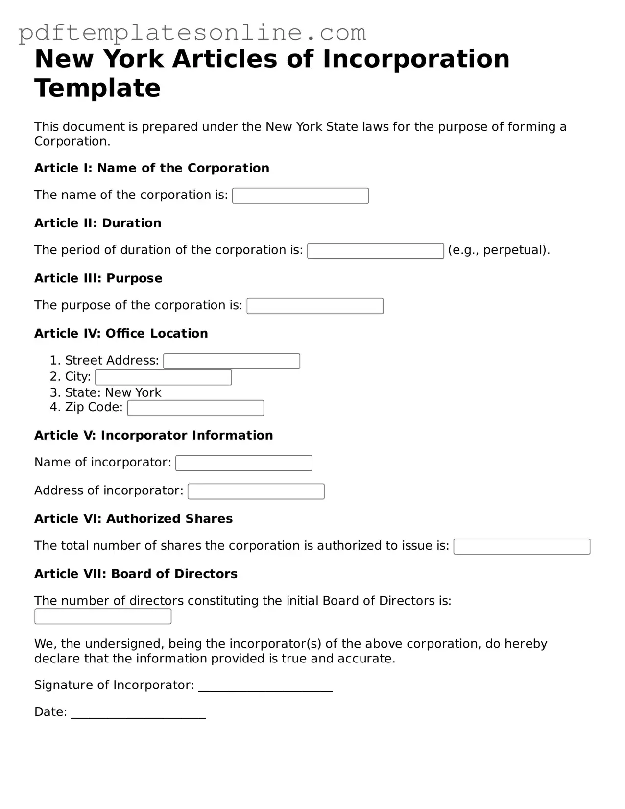 Official New York Articles of Incorporation Document