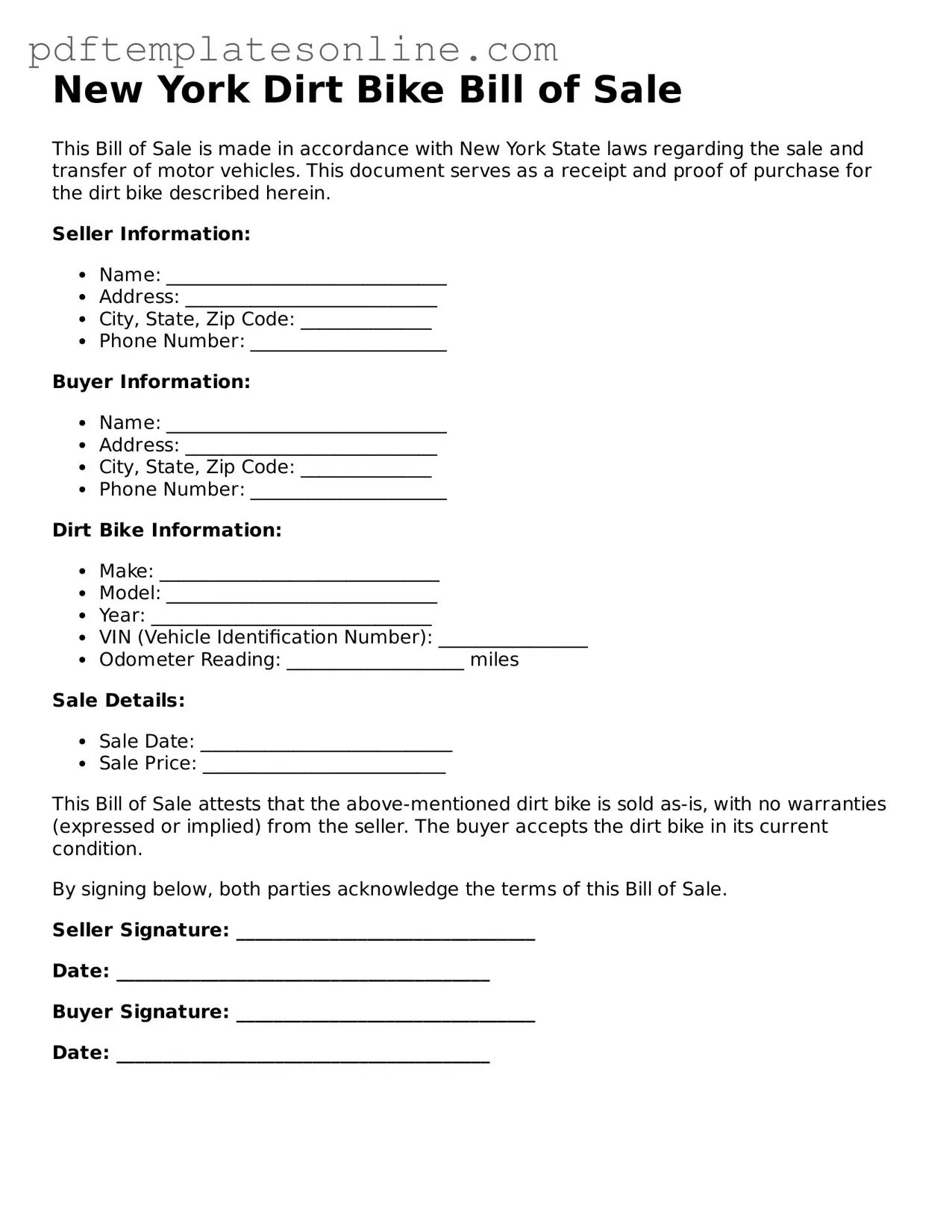 Official New York Dirt Bike Bill of Sale Document