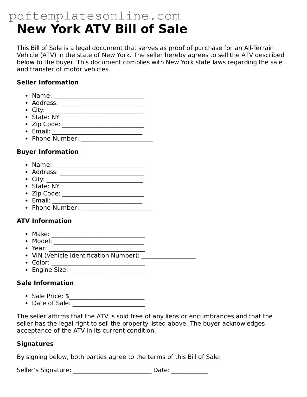 Official New York ATV Bill of Sale Document