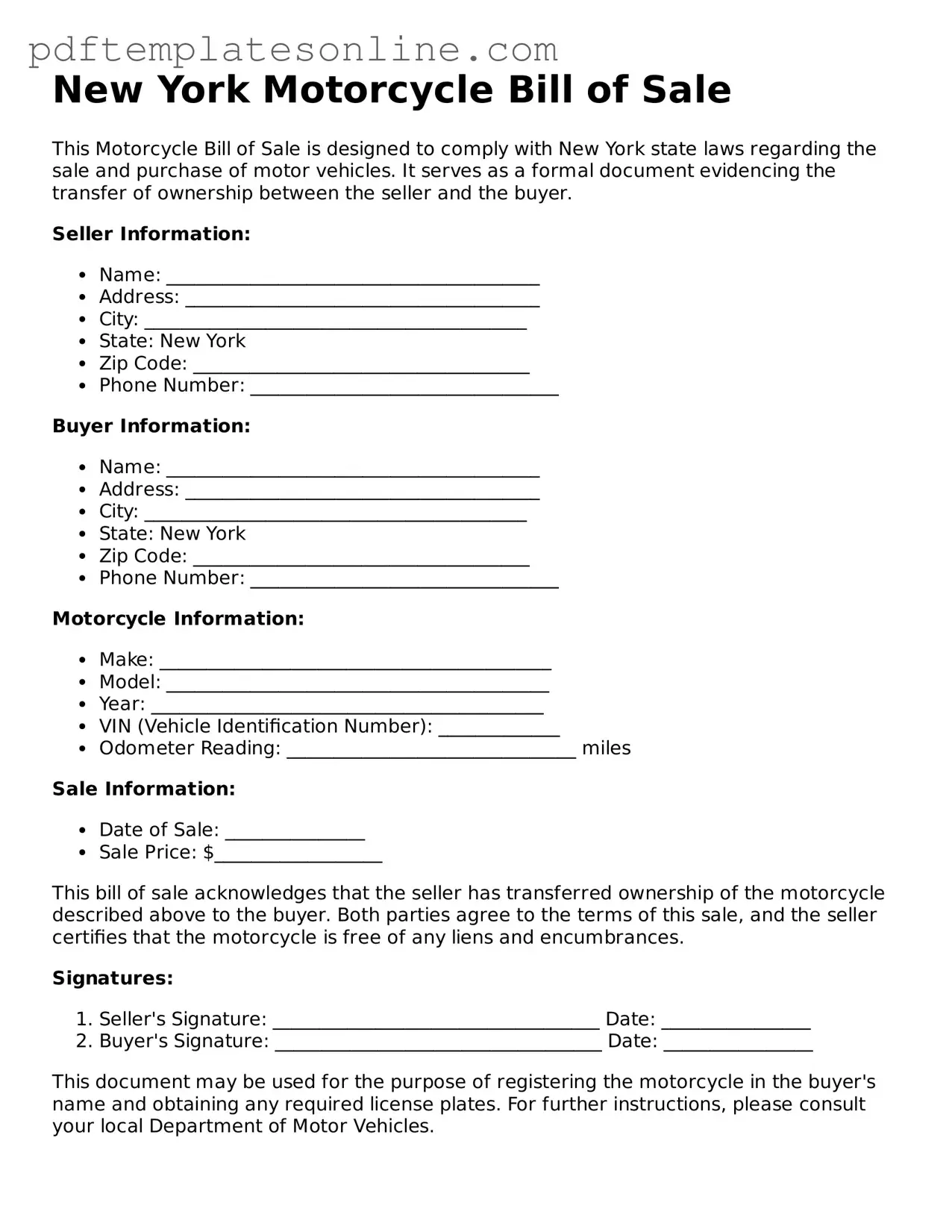 Official New York Motorcycle Bill of Sale Document