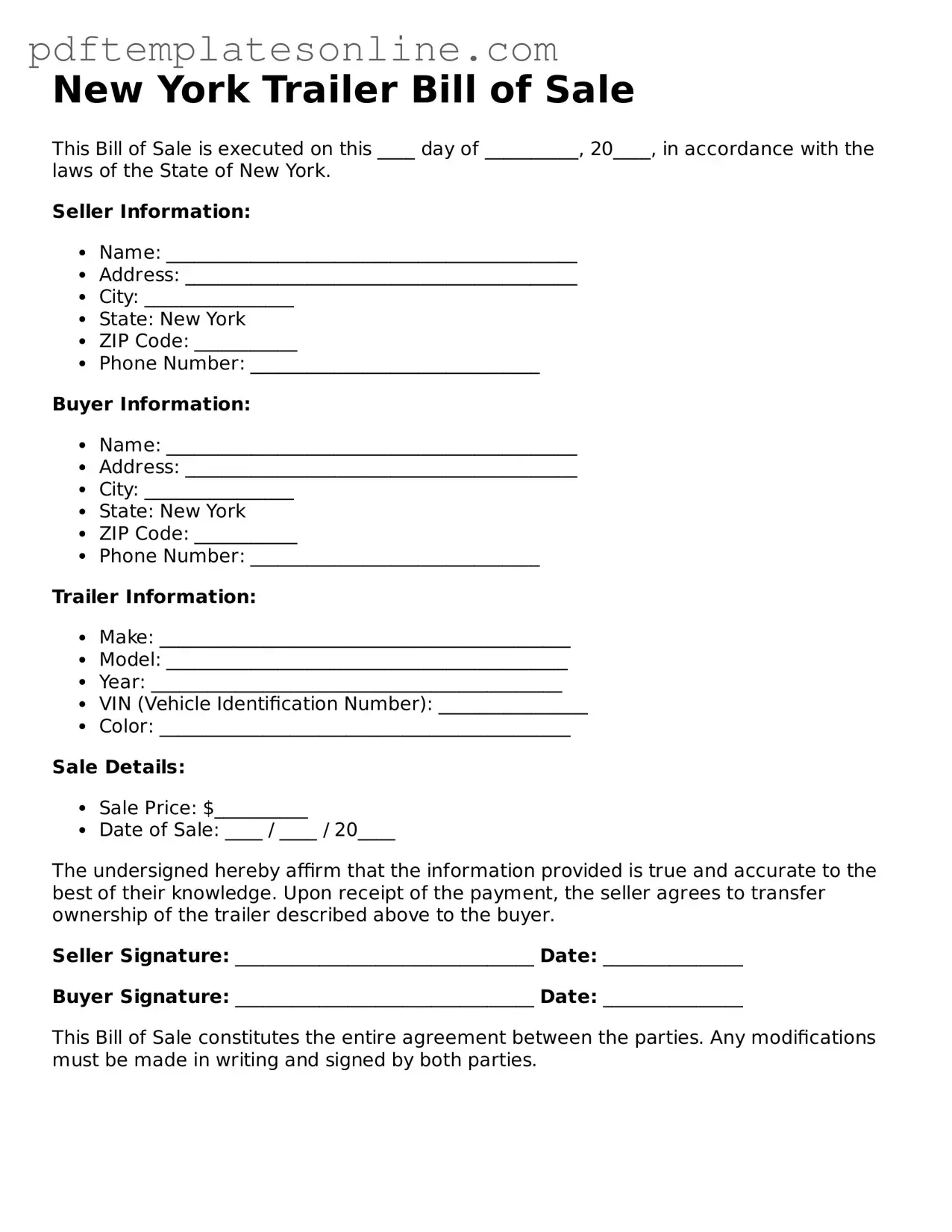 Official New York Trailer Bill of Sale Document