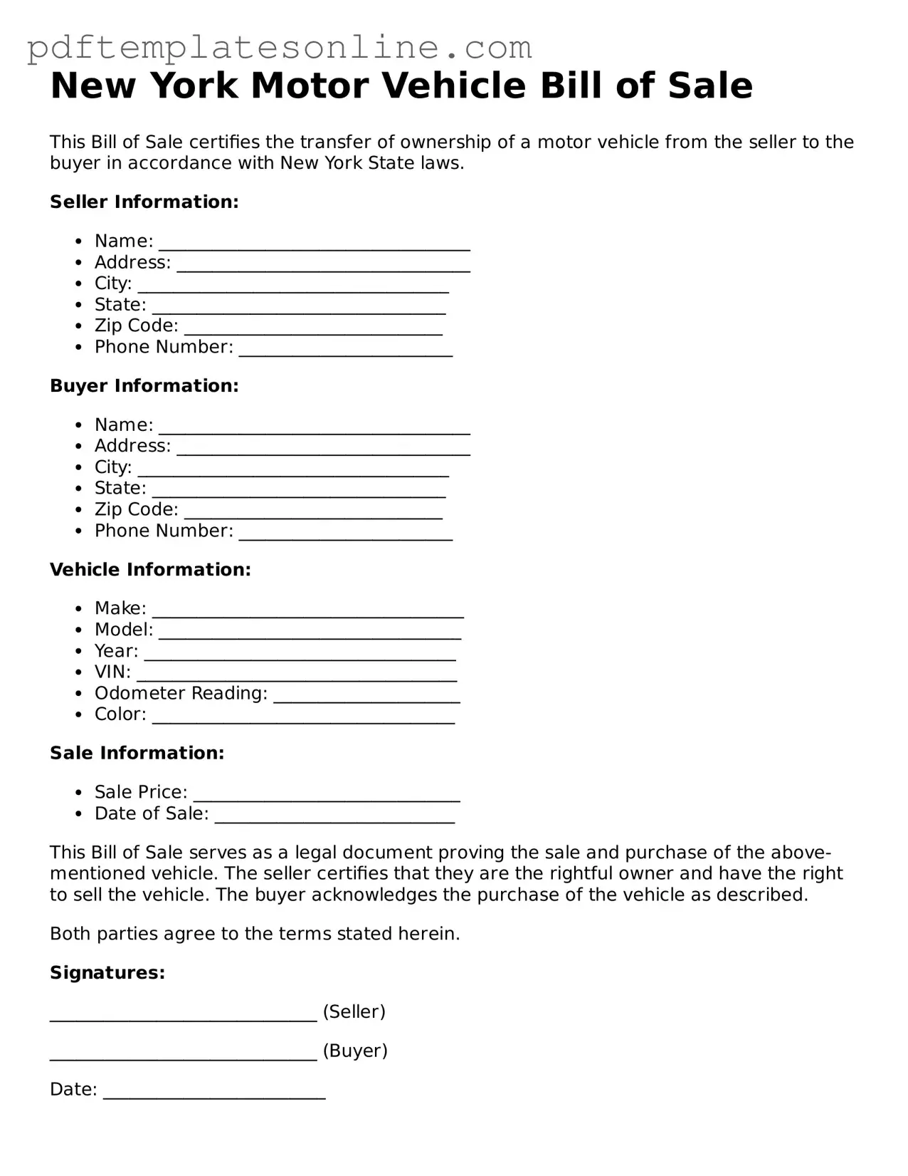 Official New York Motor Vehicle Bill of Sale Document