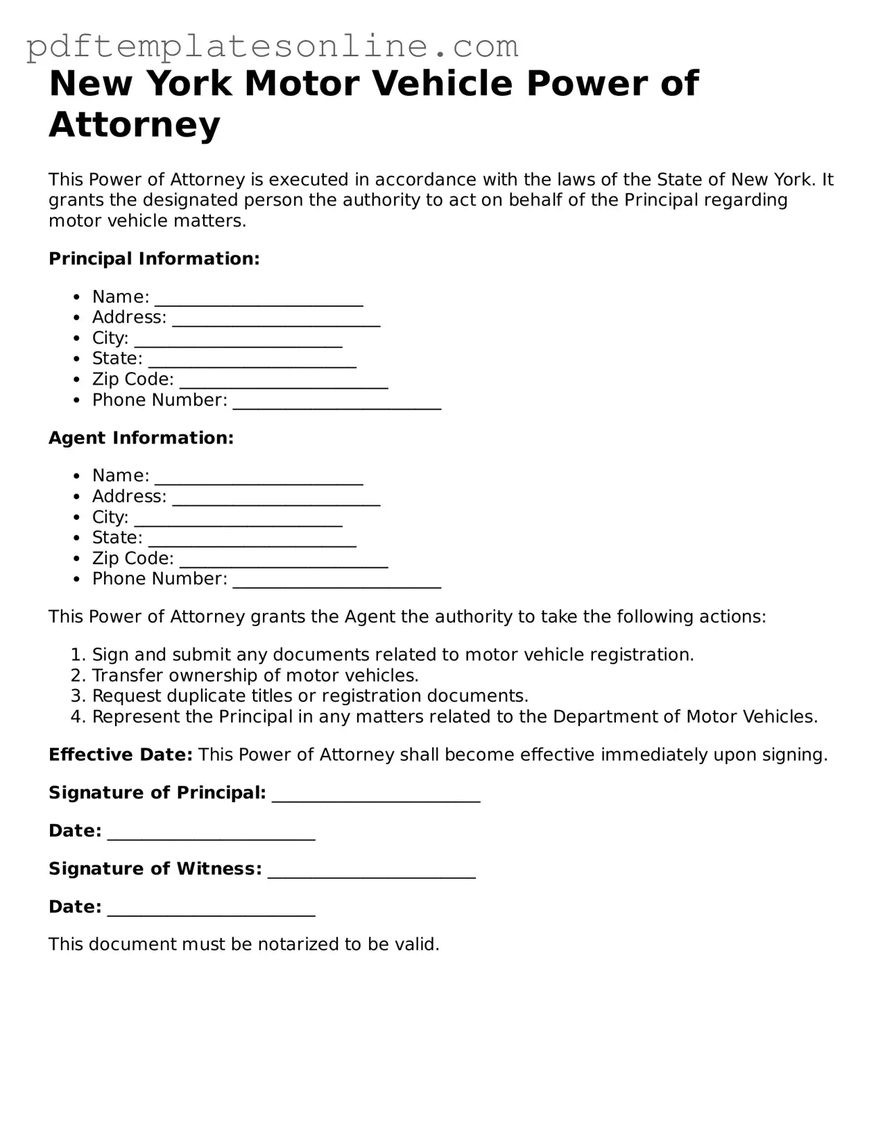 Official New York Motor Vehicle Power of Attorney Document