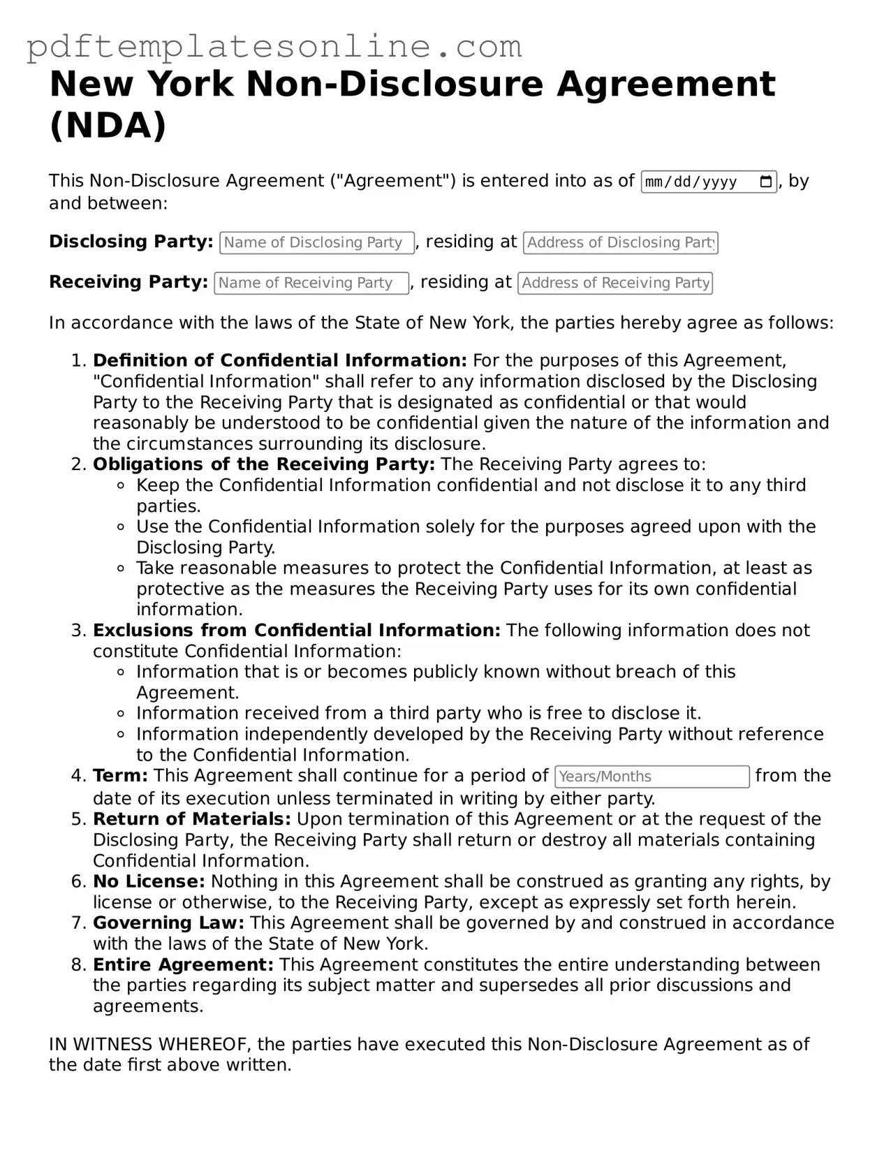 Official New York Non-disclosure Agreement Document
