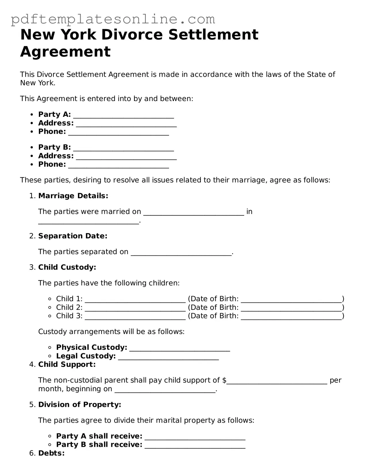 Official New York Divorce Settlement Agreement Document