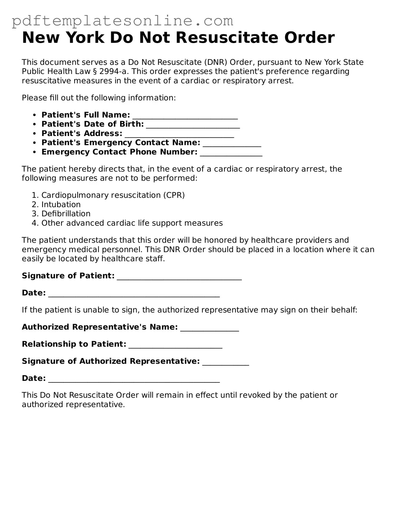 Official New York Do Not Resuscitate Order Document