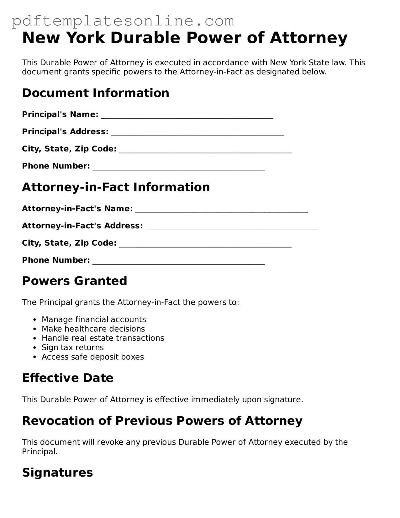 Official New York Durable Power of Attorney Document