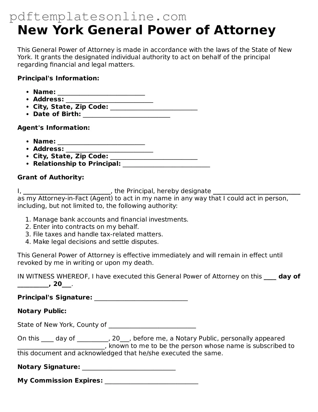 Official New York General Power of Attorney Document