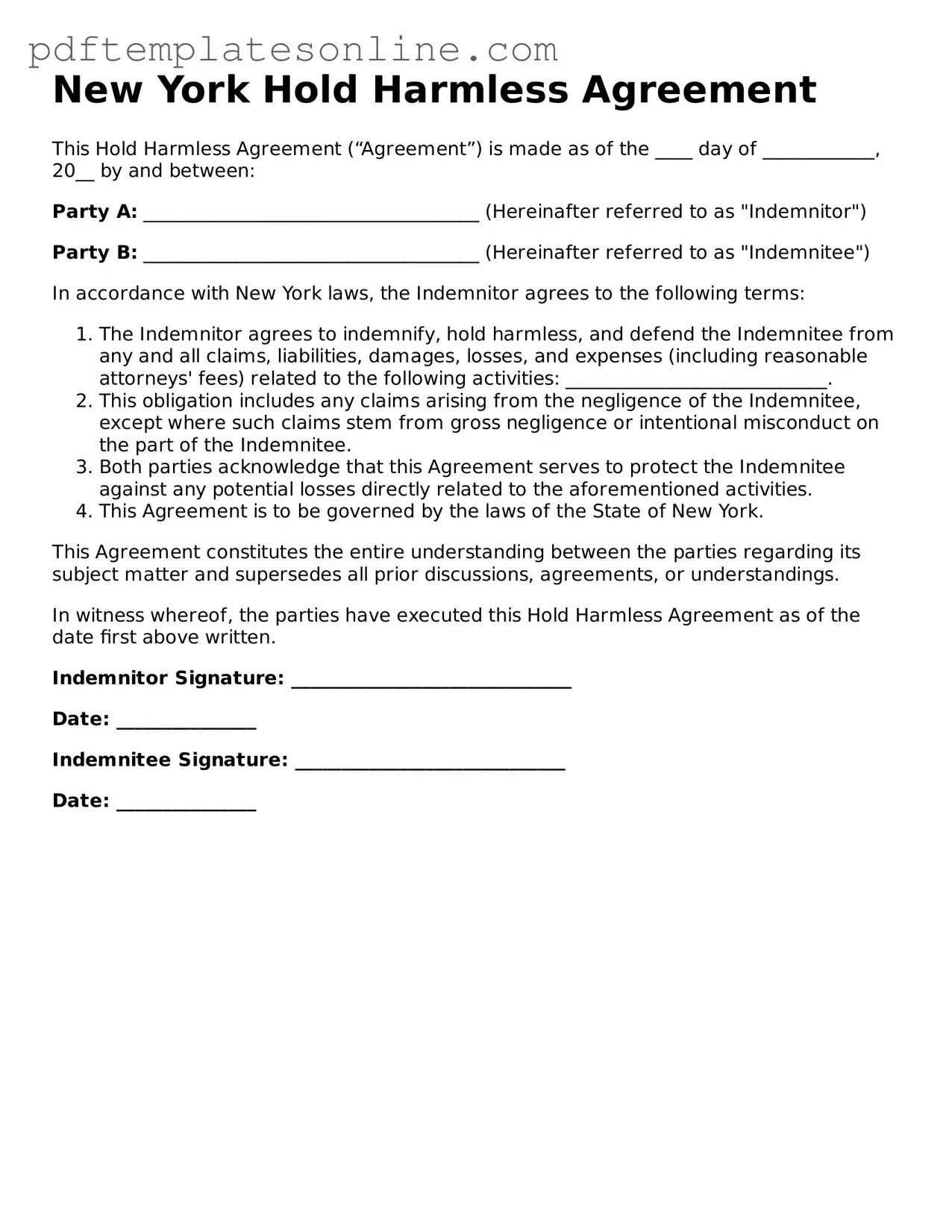 Official New York Hold Harmless Agreement Document