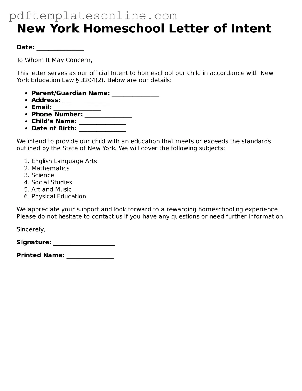 Official New York Homeschool Letter of Intent Document