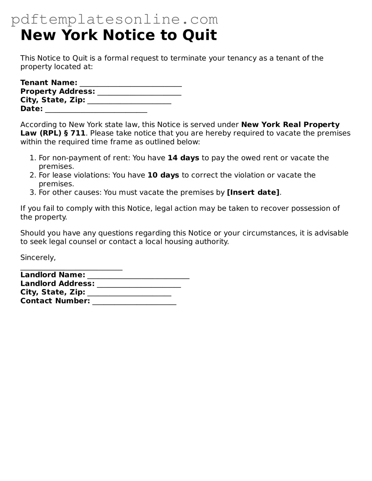 Official New York Notice to Quit Document