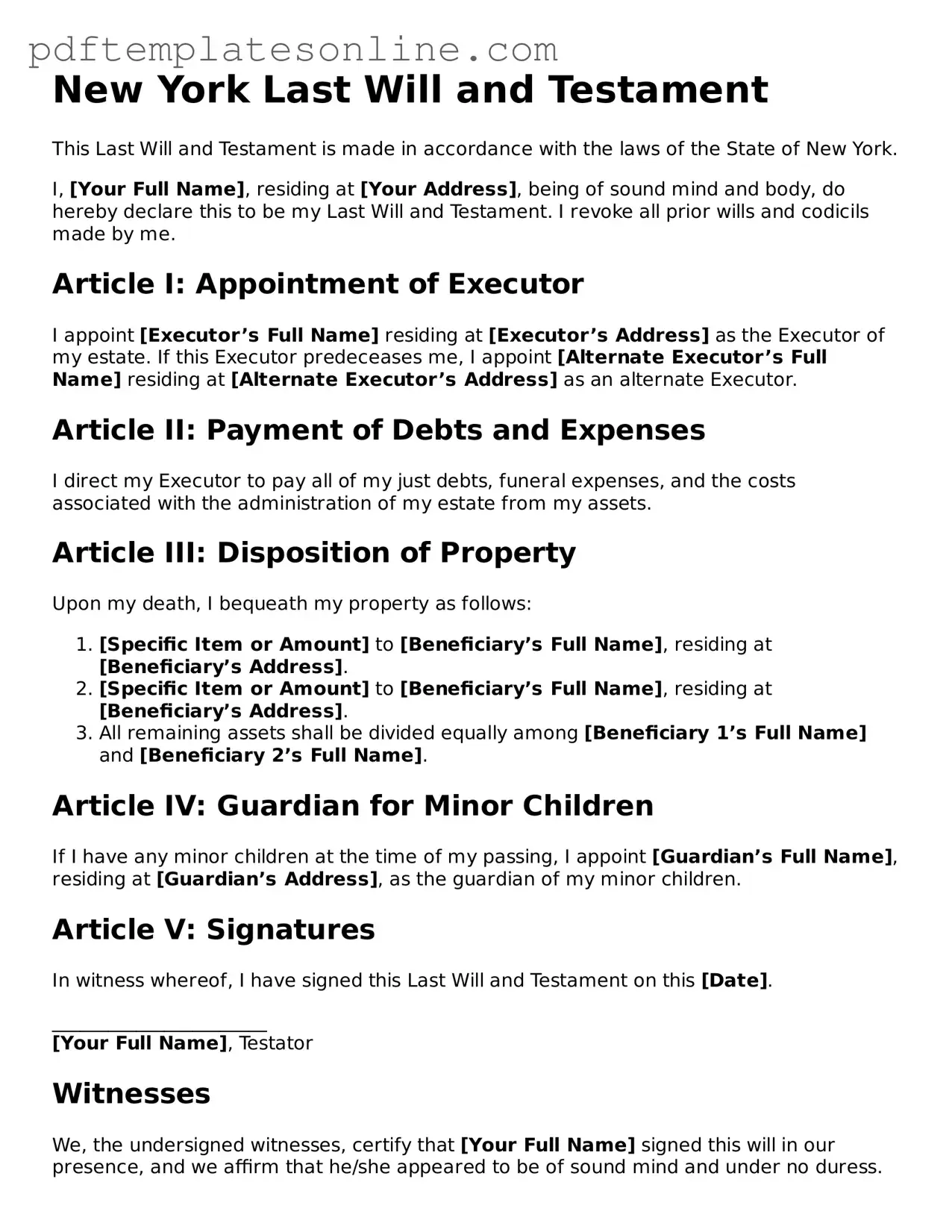 Official New York Last Will and Testament Document