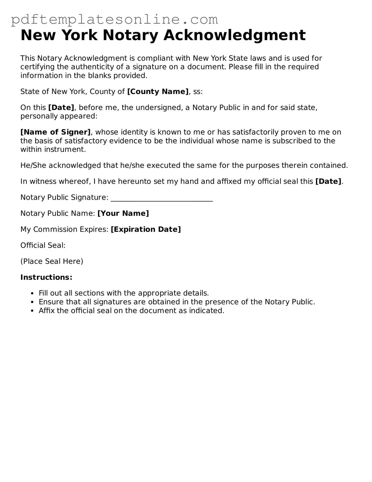 Official New York Notary Acknowledgement Document