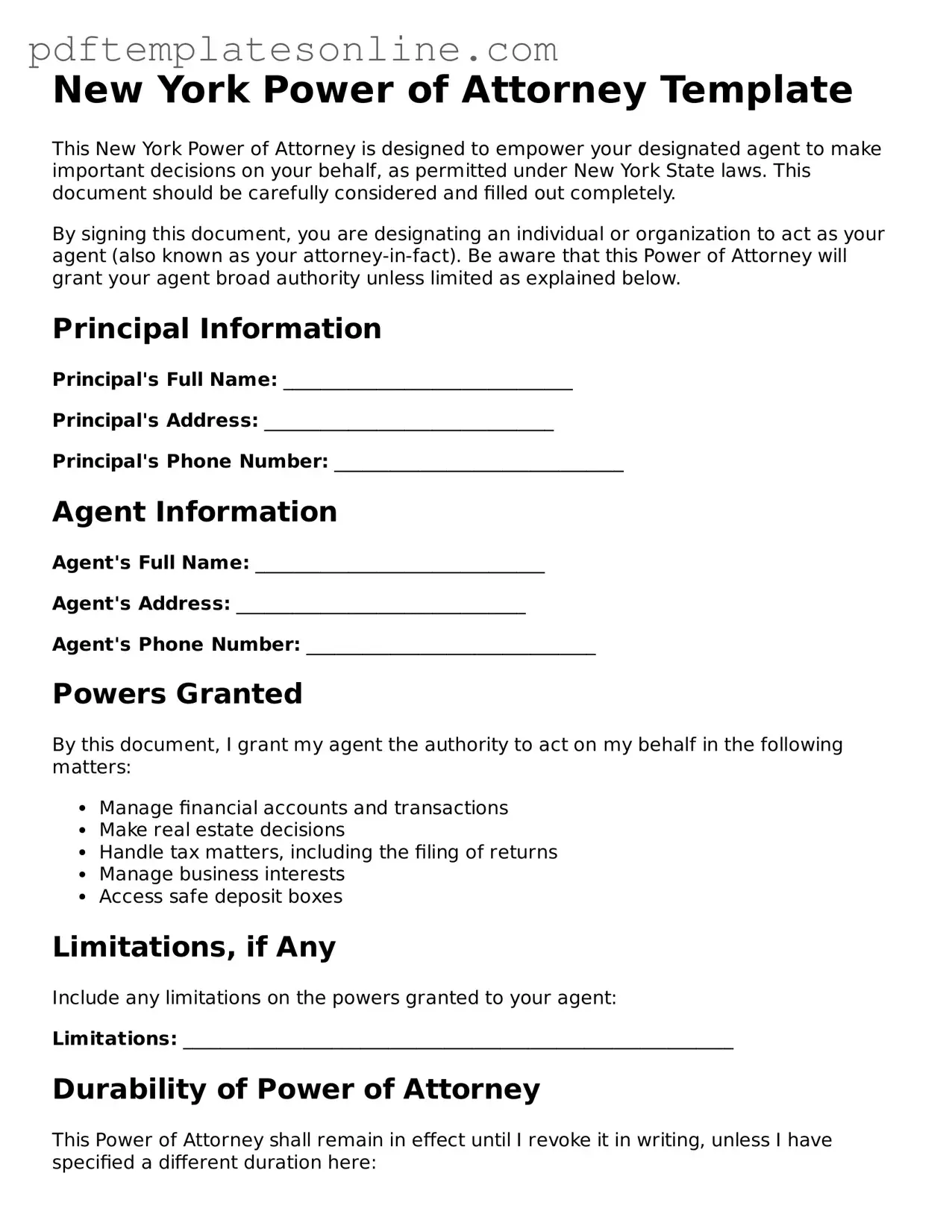 Official New York Power of Attorney Document