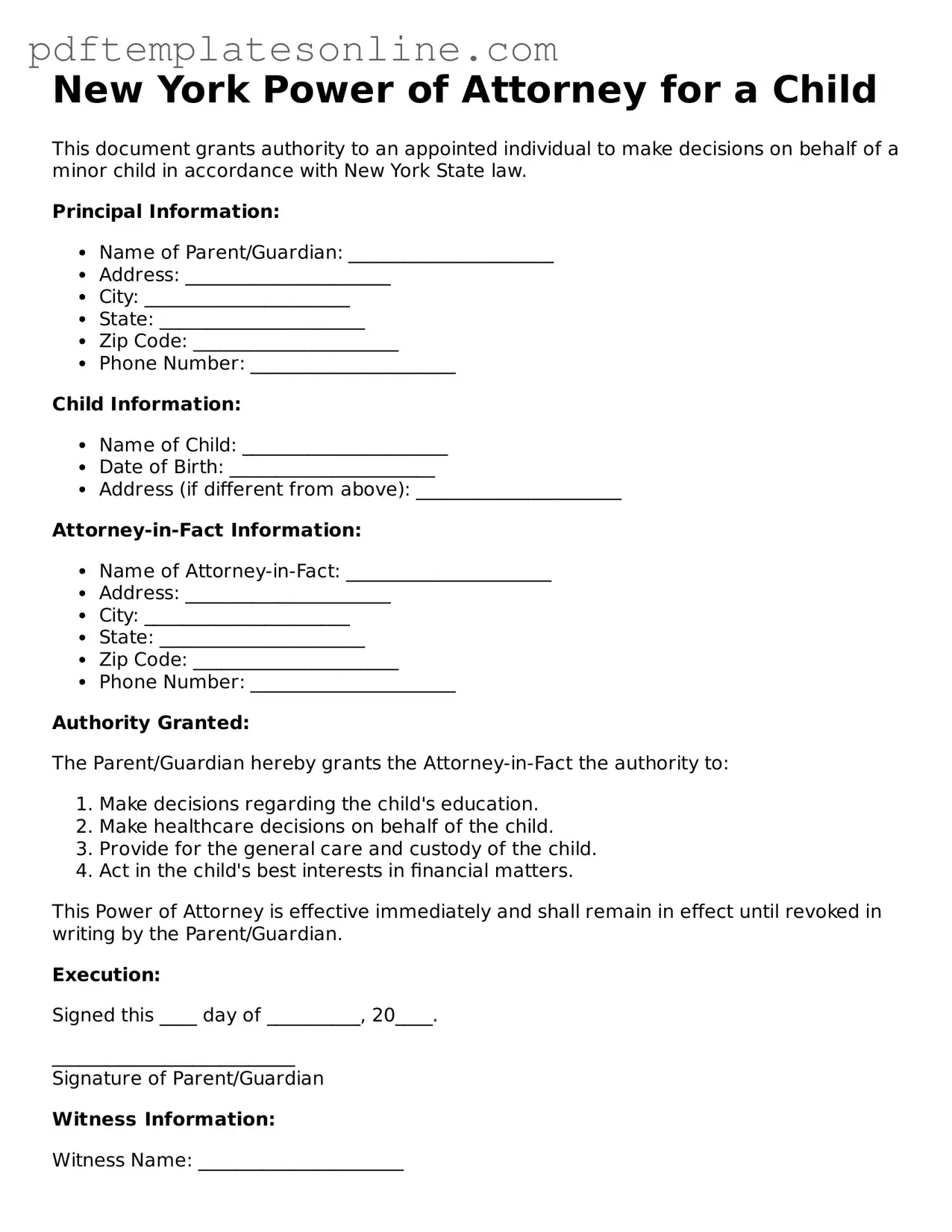 Official New York Power of Attorney for a Child Document