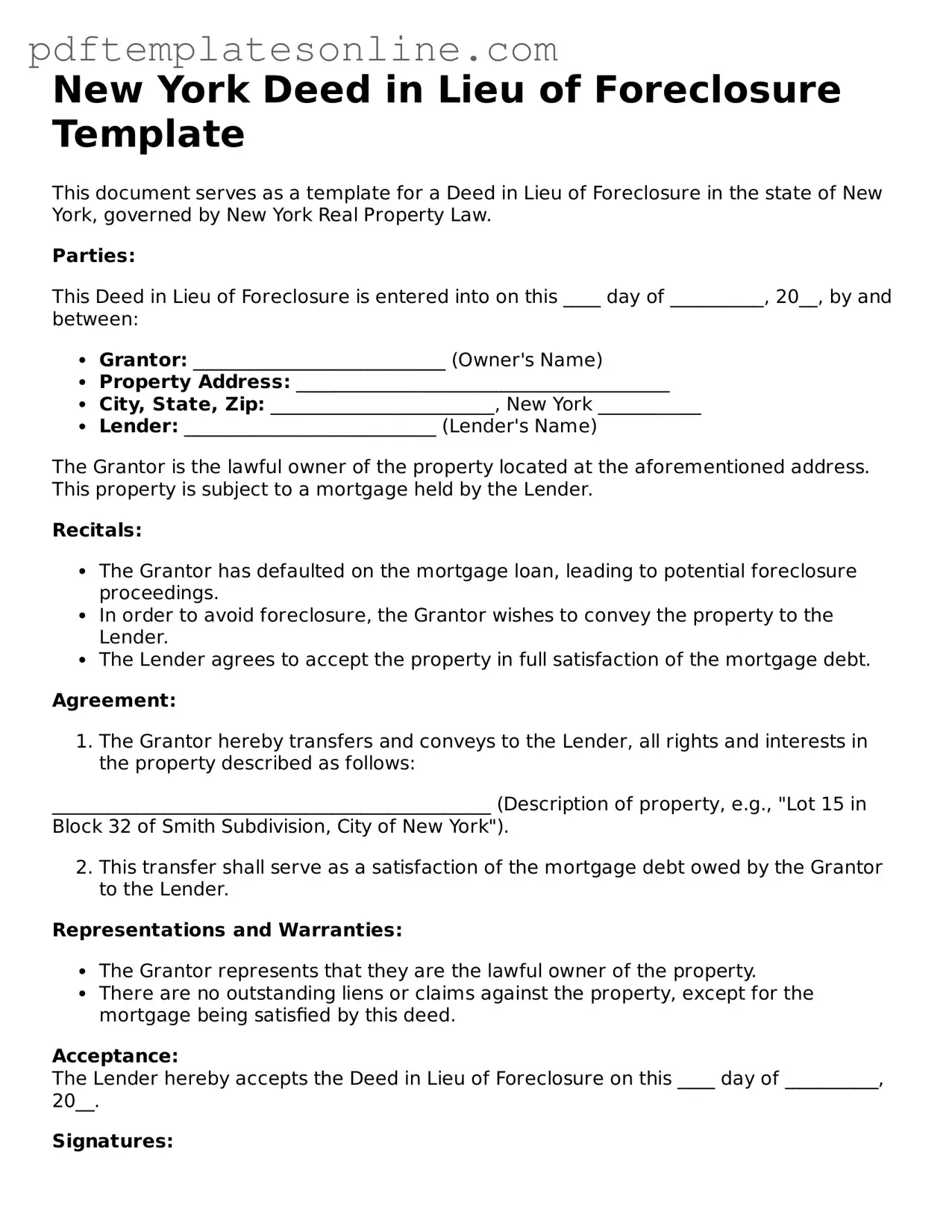 Official New York Deed in Lieu of Foreclosure Document