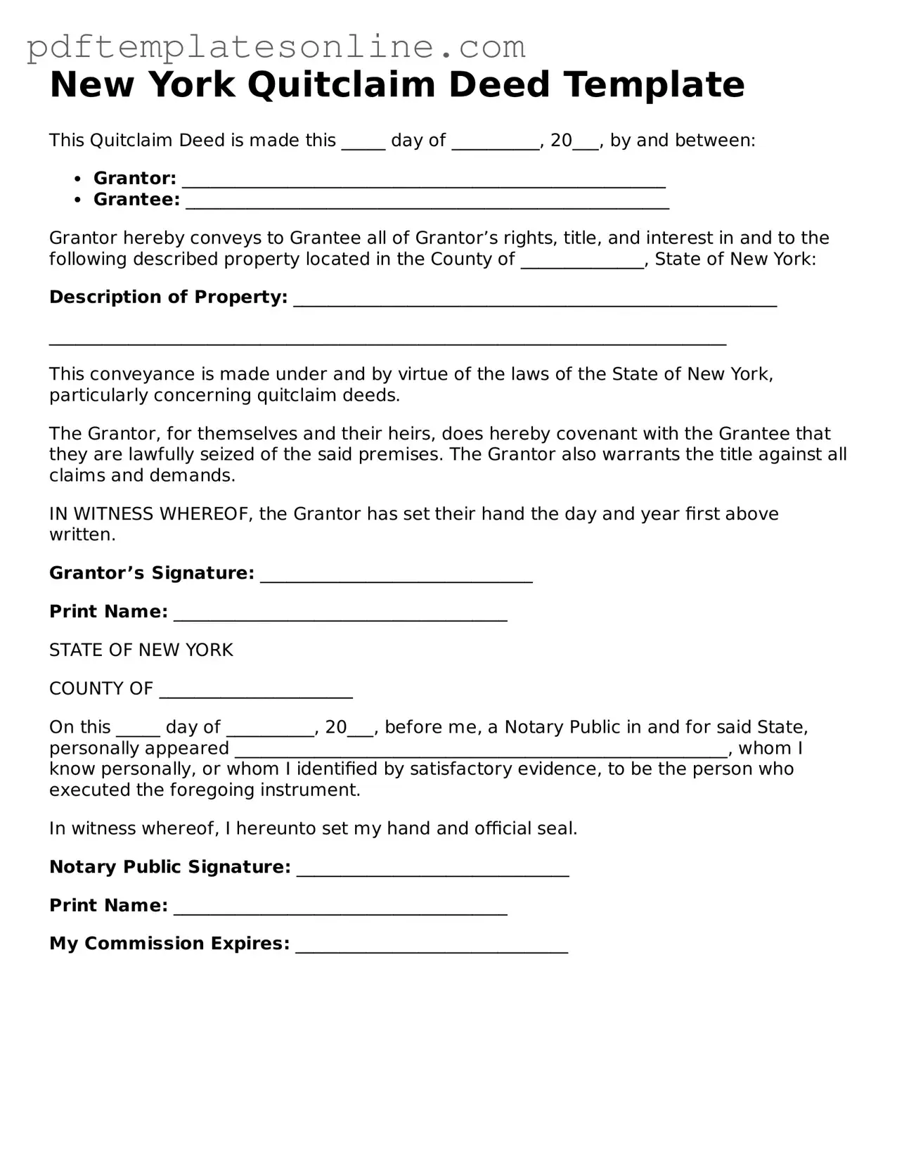 Official New York Quitclaim Deed Document