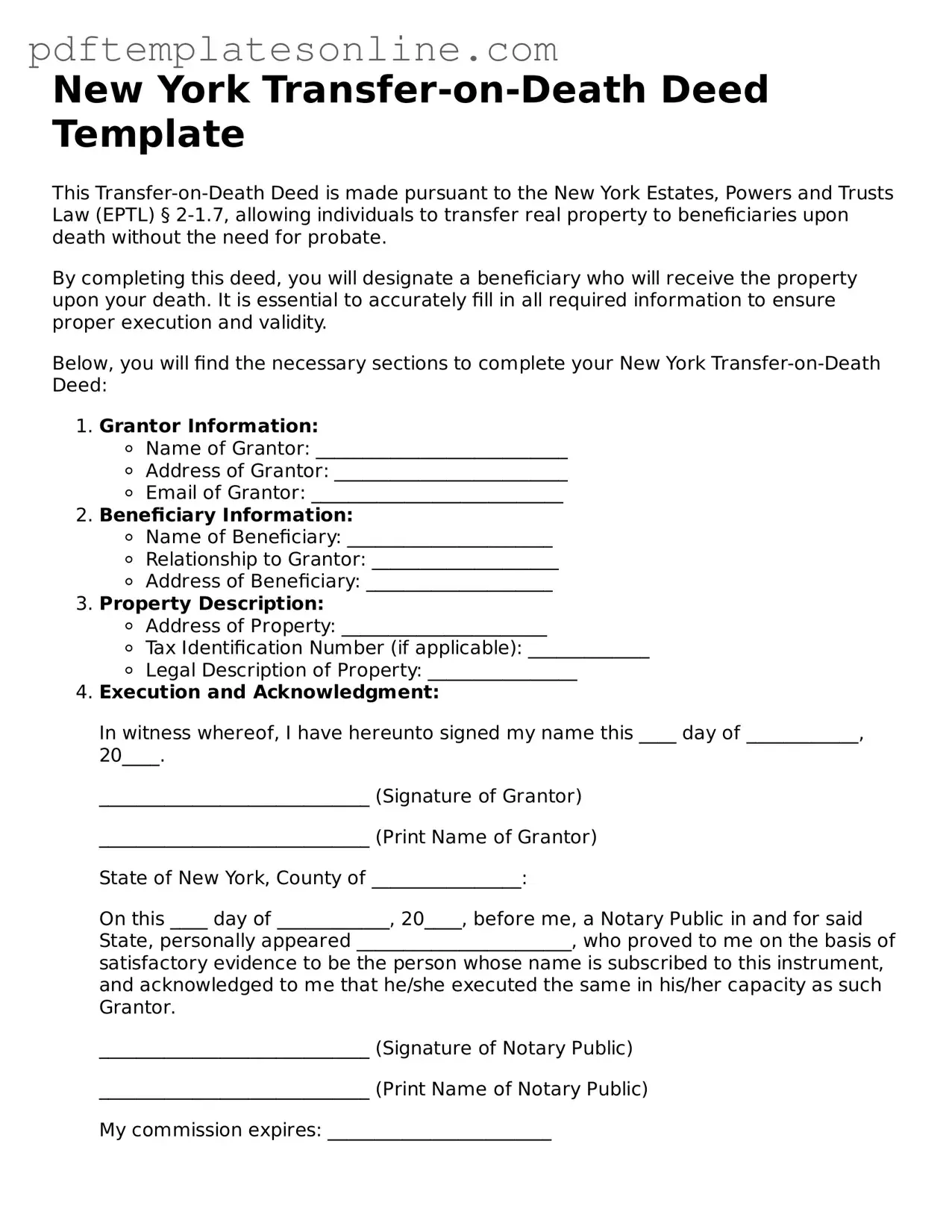 Official New York Transfer-on-Death Deed Document