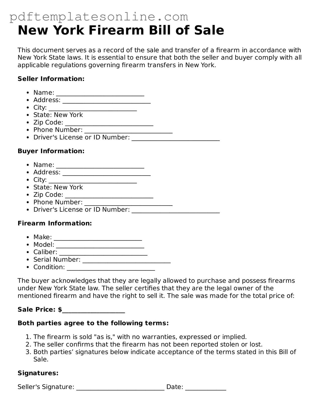 Official New York Firearm Bill of Sale Document