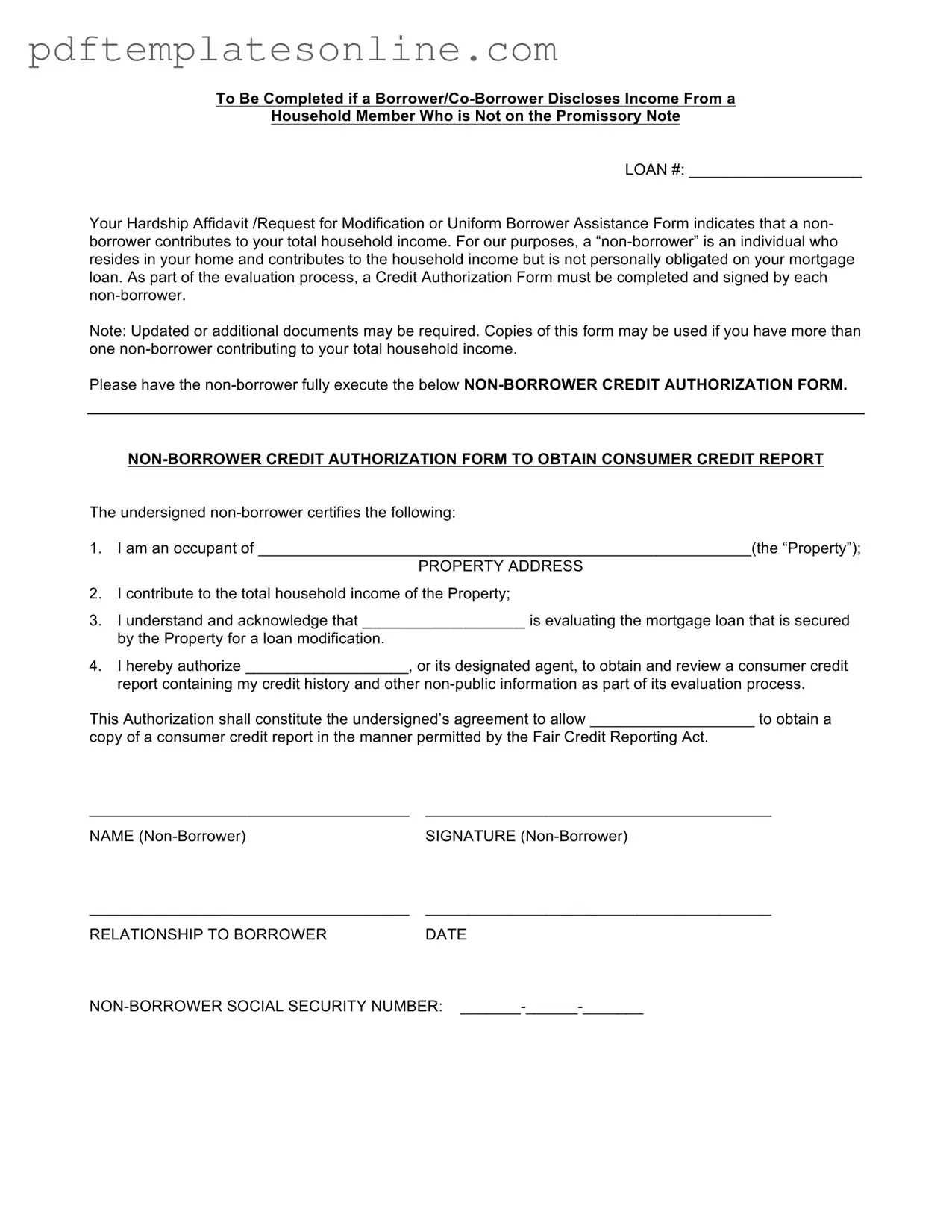 Blank Non Borrower Credit Authorization Form