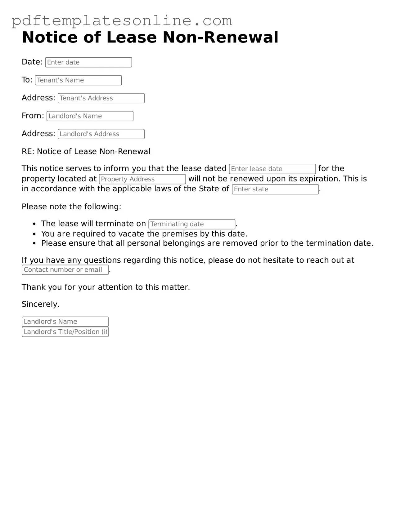 Fillable Notice of Lease Non-Renewal Document