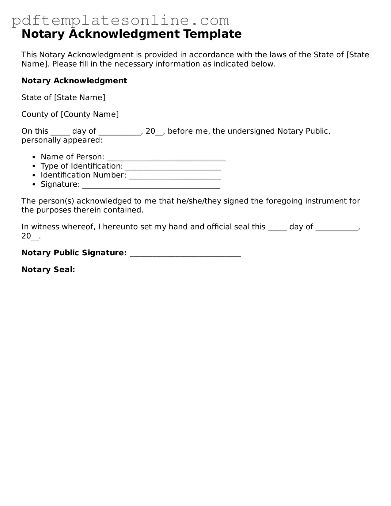Fillable Notary Acknowledgement Document