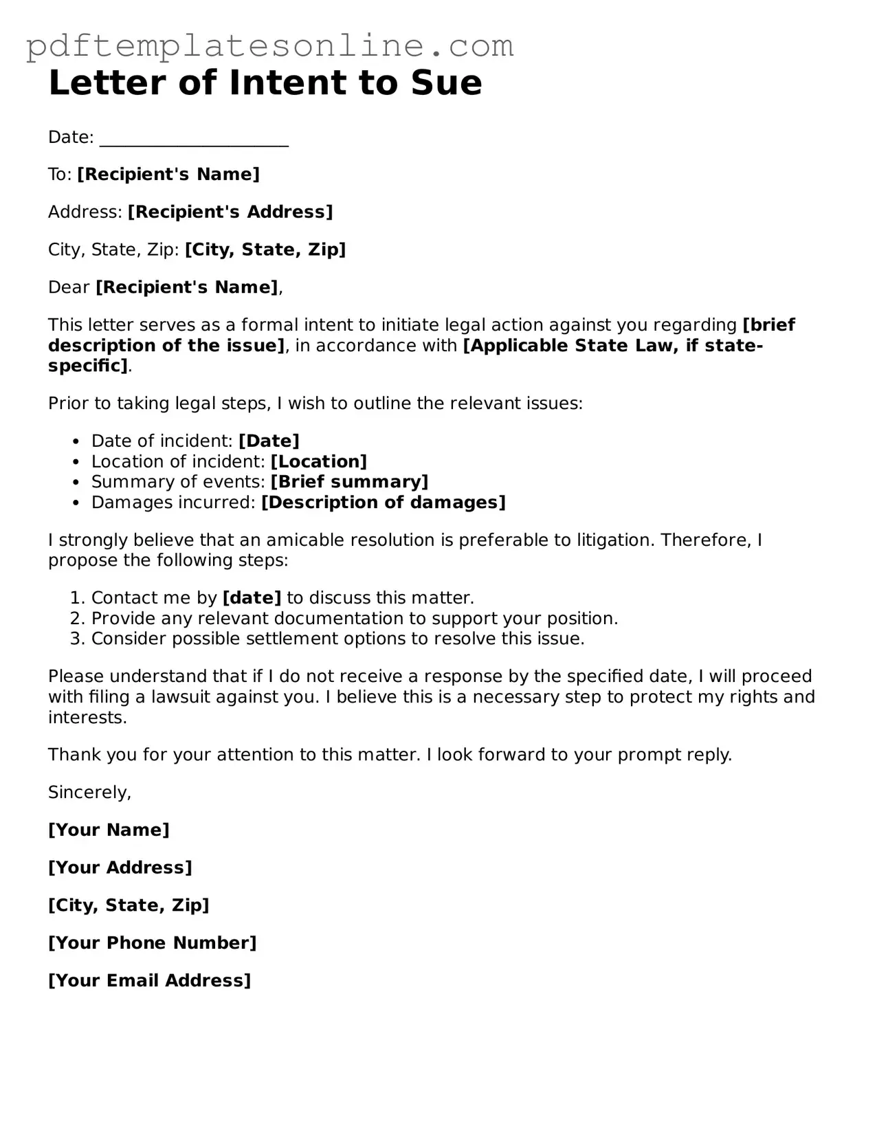 Fillable Letter of Intent to Sue Document