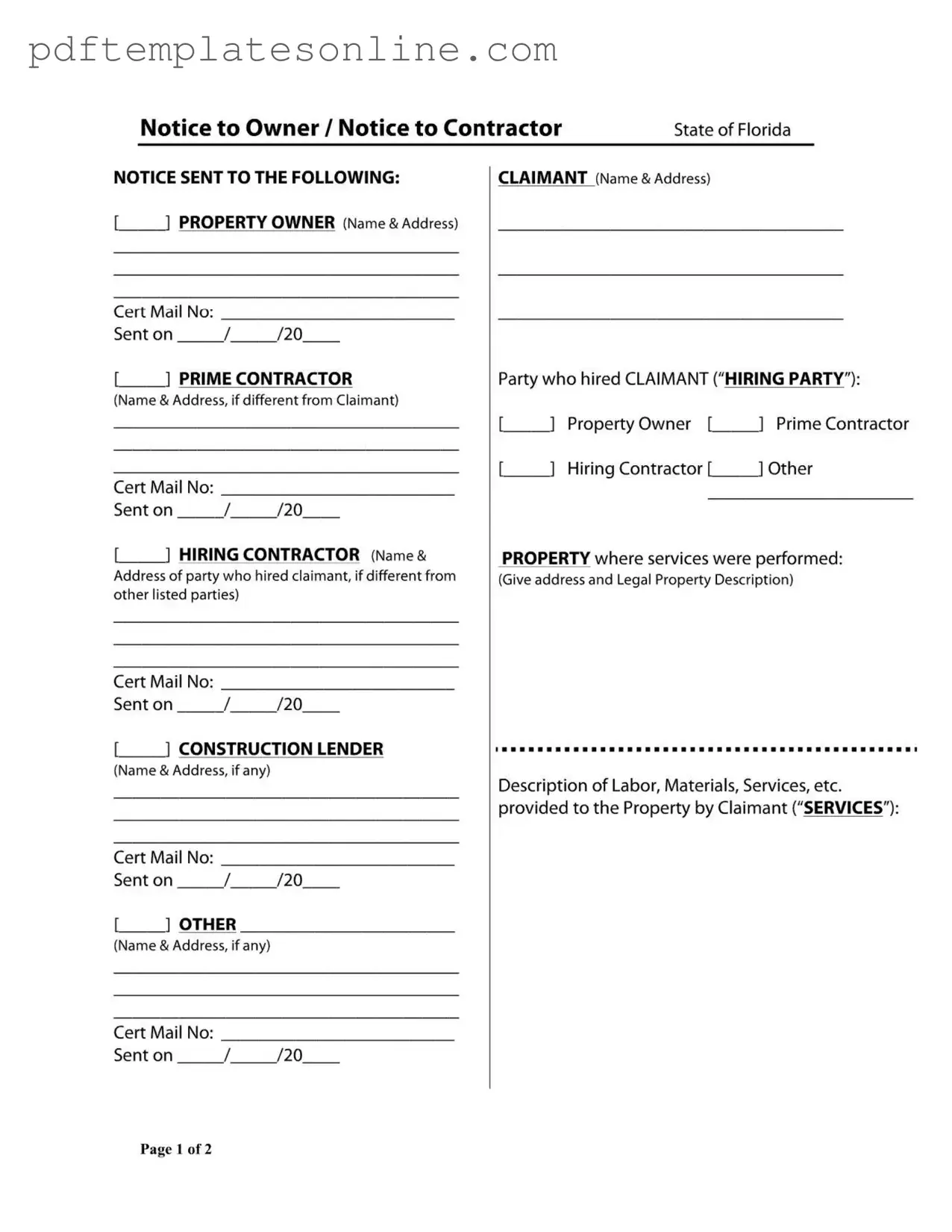 Blank Notice Owner Florida Form