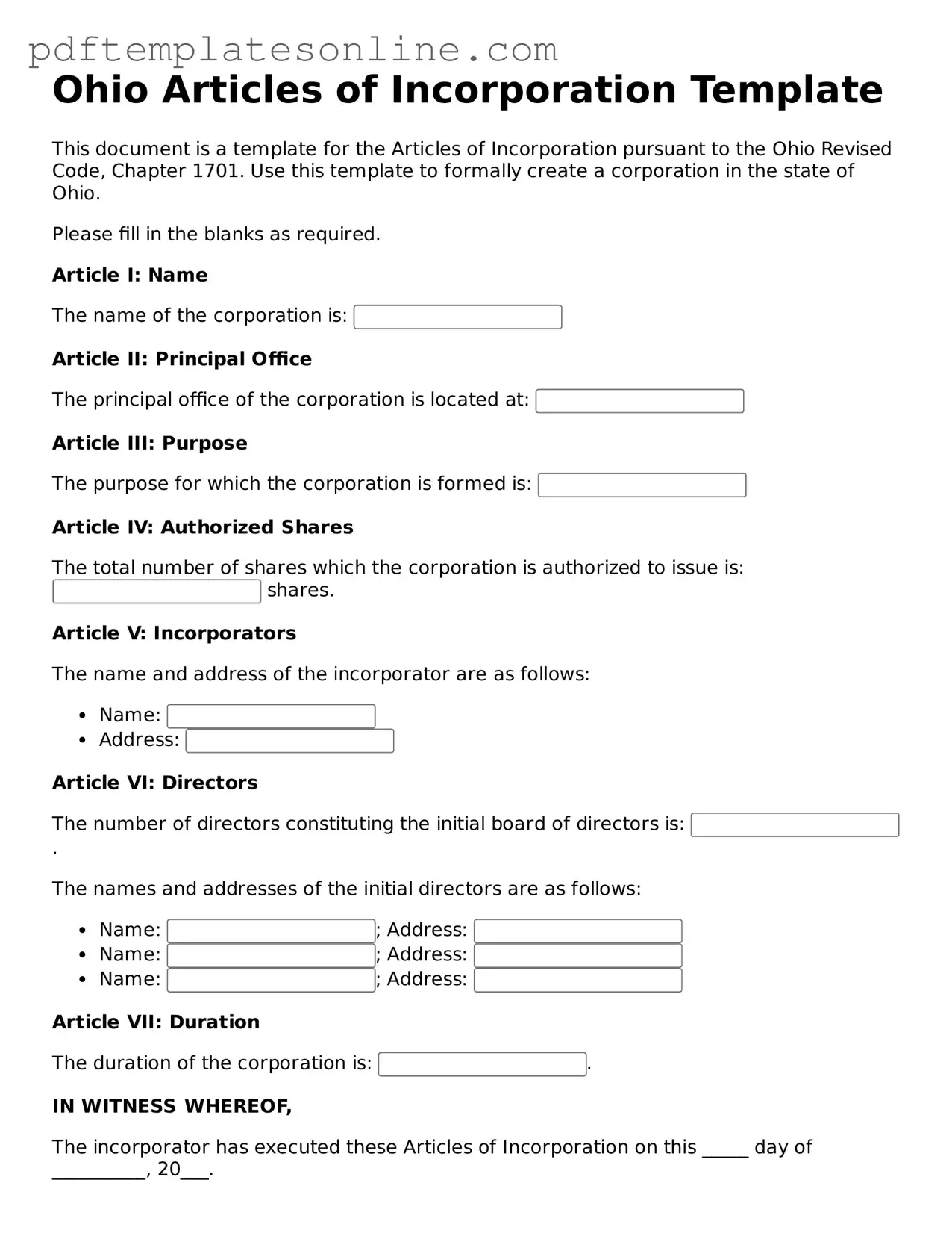 Official Ohio Articles of Incorporation Document