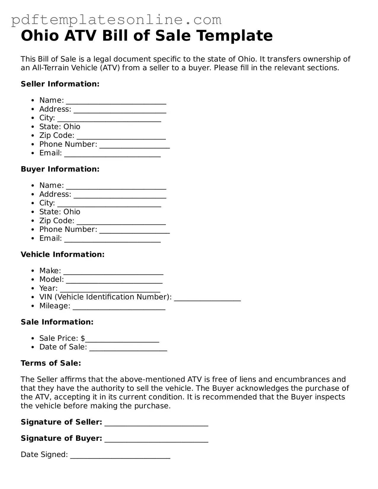Official Ohio ATV Bill of Sale Document