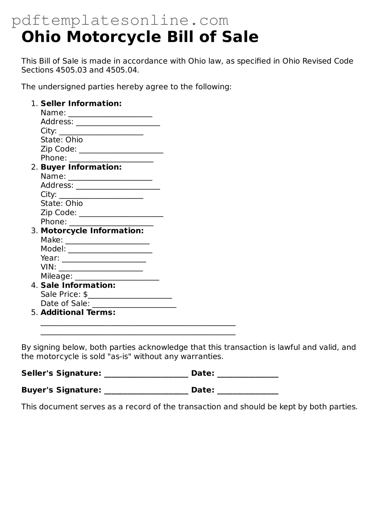 Official Ohio Motorcycle Bill of Sale Document