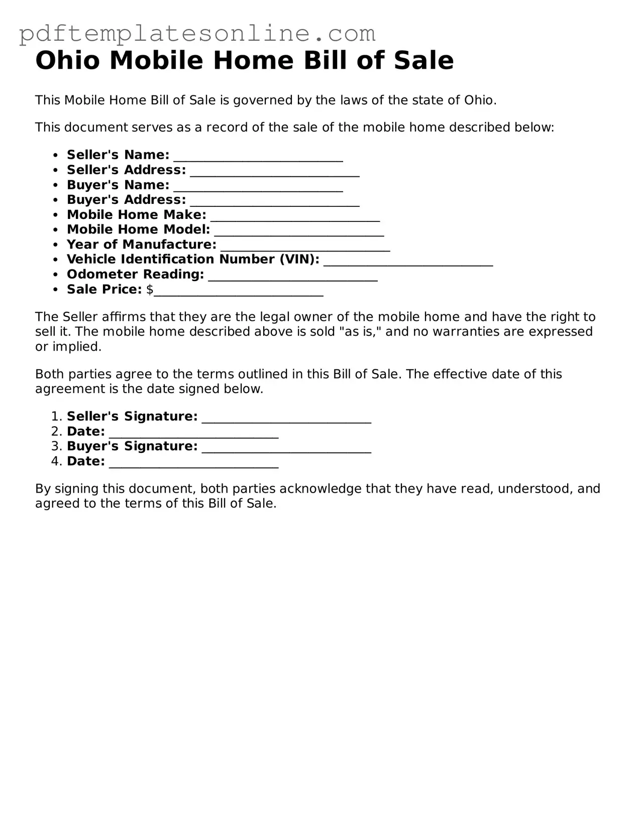 Official Ohio Mobile Home Bill of Sale Document