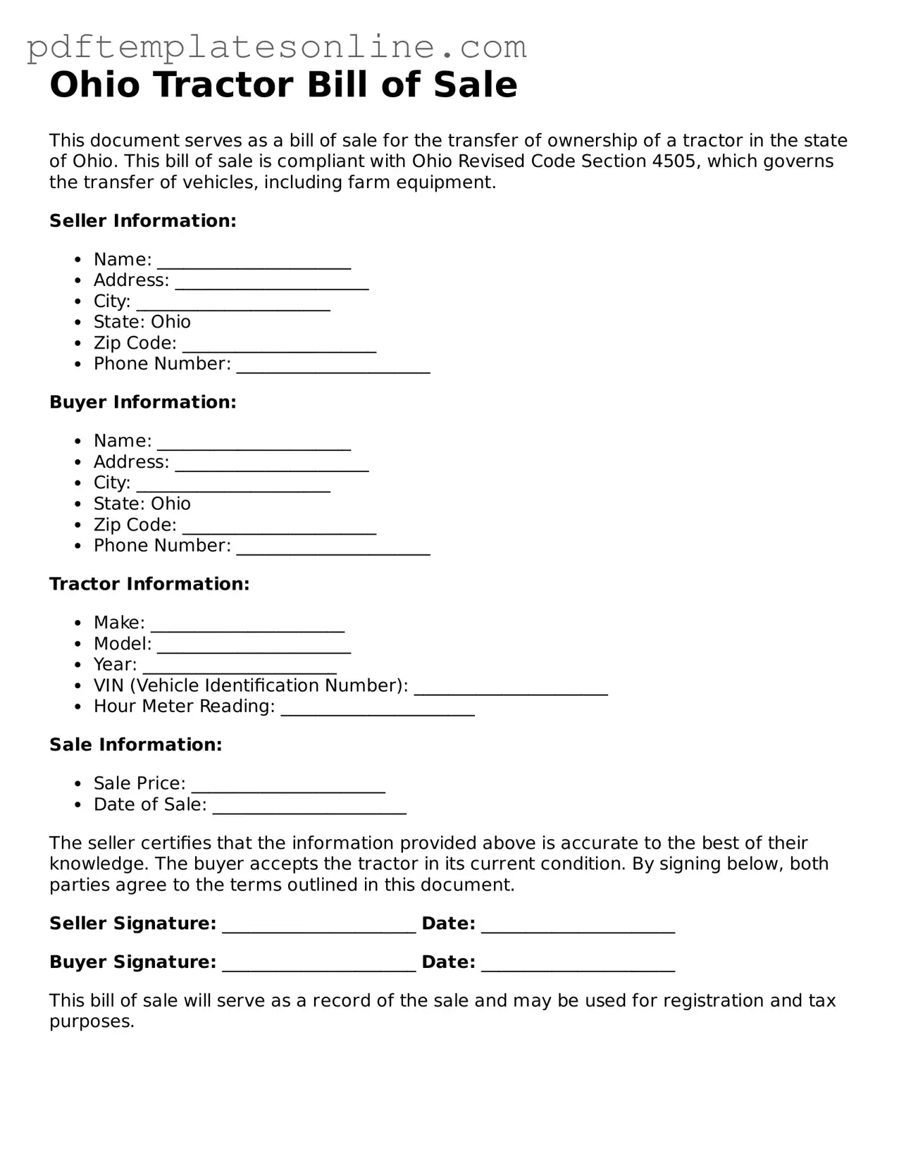 Official Ohio Tractor Bill of Sale Document