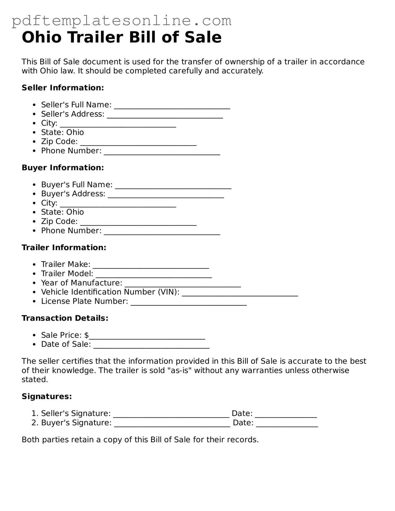 Official Ohio Trailer Bill of Sale Document