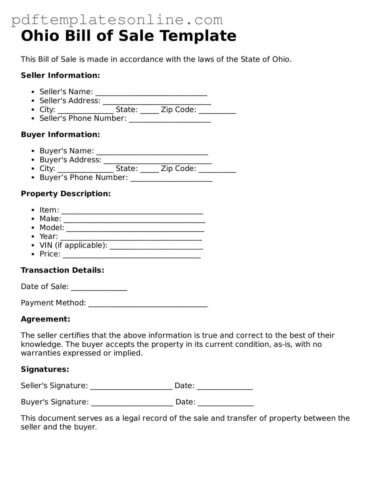 Official Ohio Bill of Sale Document