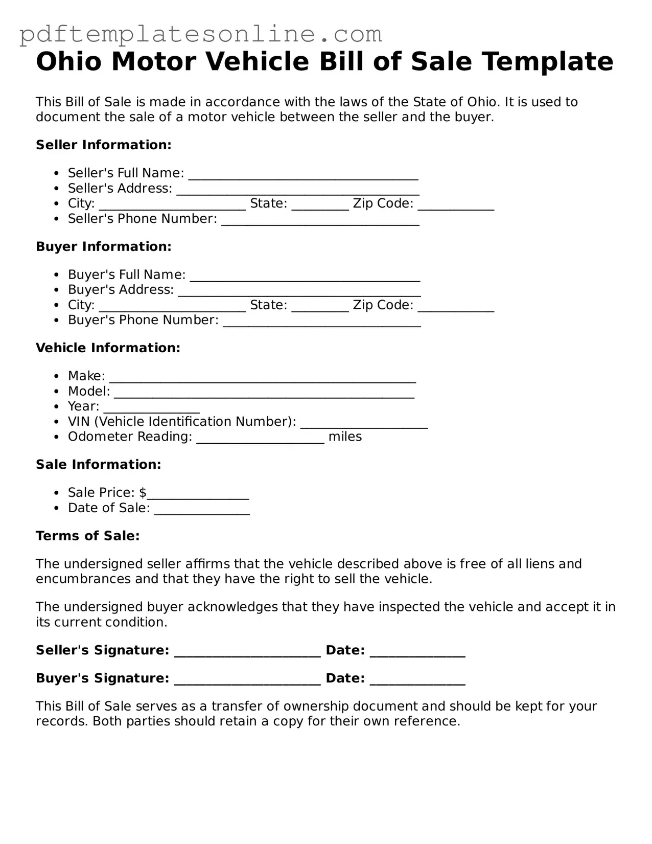 Official Ohio Motor Vehicle Bill of Sale Document