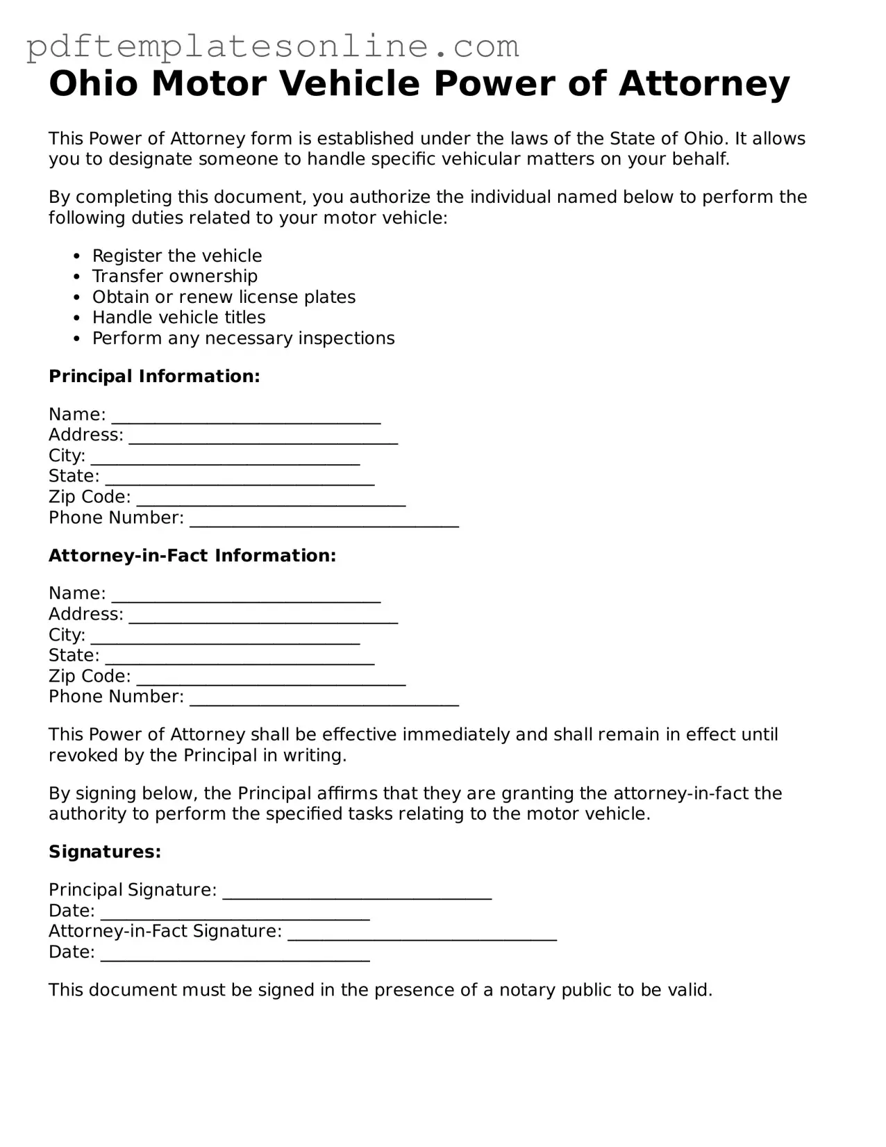 Official Ohio Motor Vehicle Power of Attorney Document