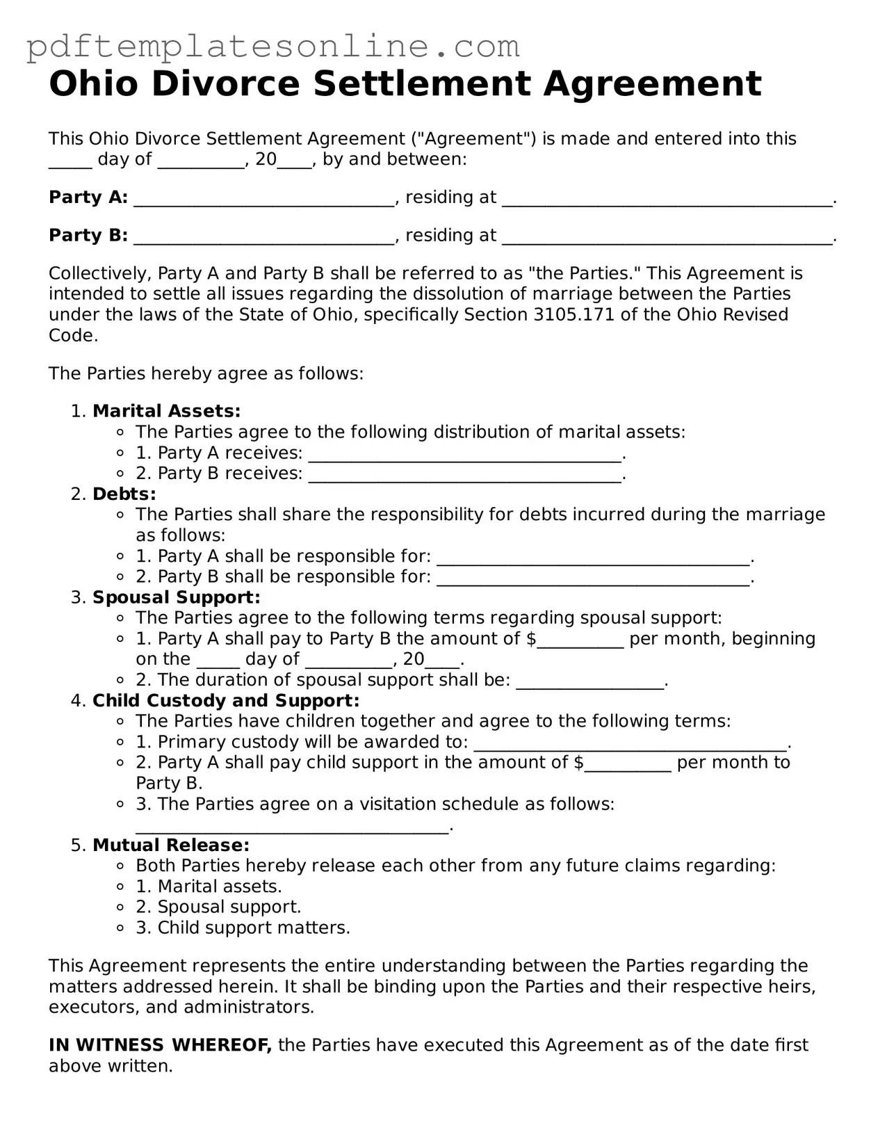 Official Ohio Divorce Settlement Agreement Document