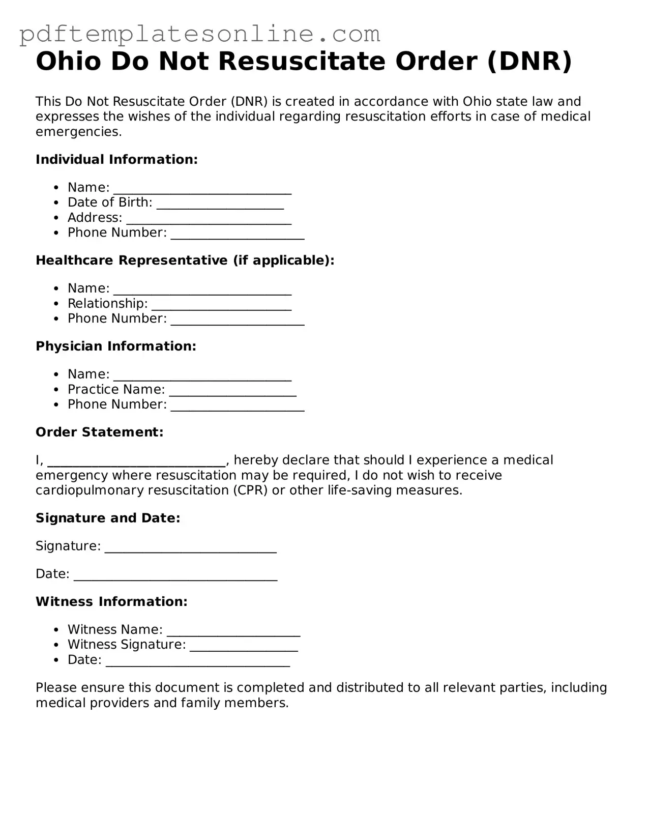 Official Ohio Do Not Resuscitate Order Document