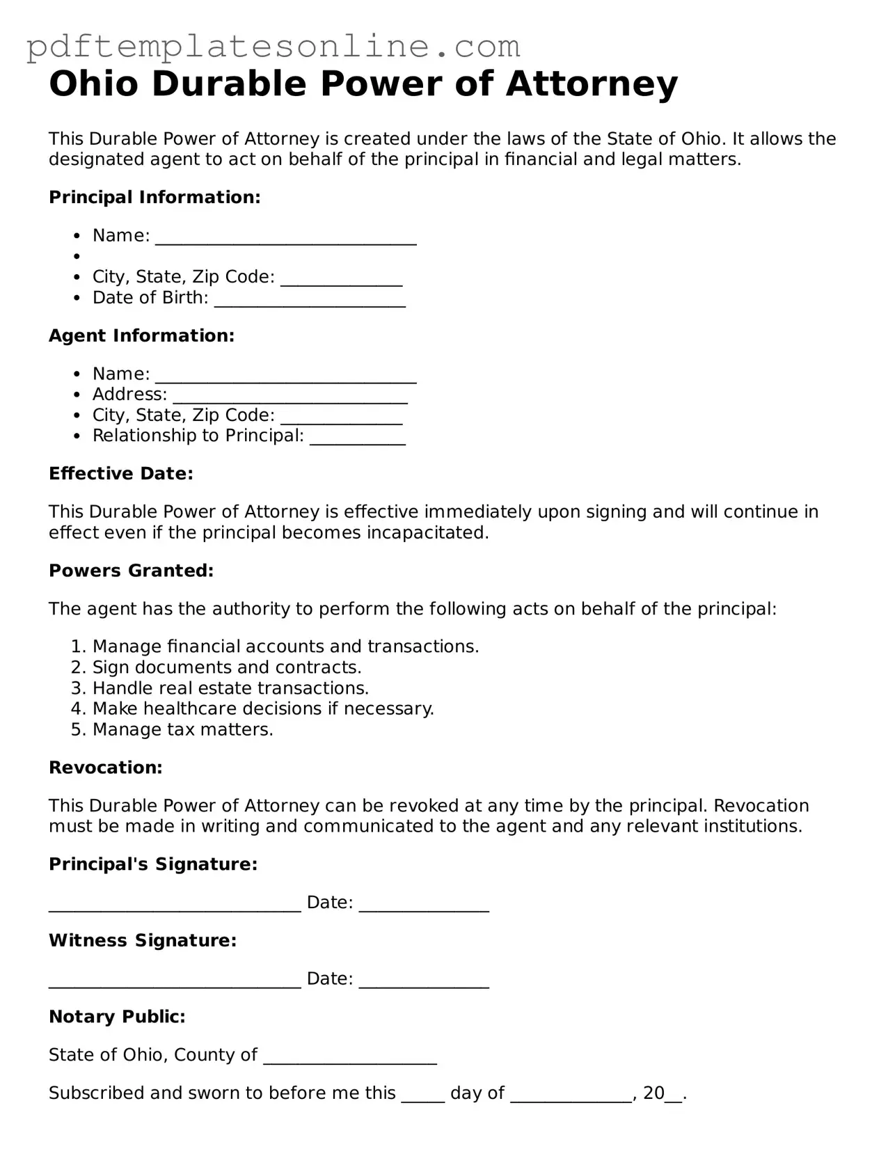 Official Ohio Durable Power of Attorney Document