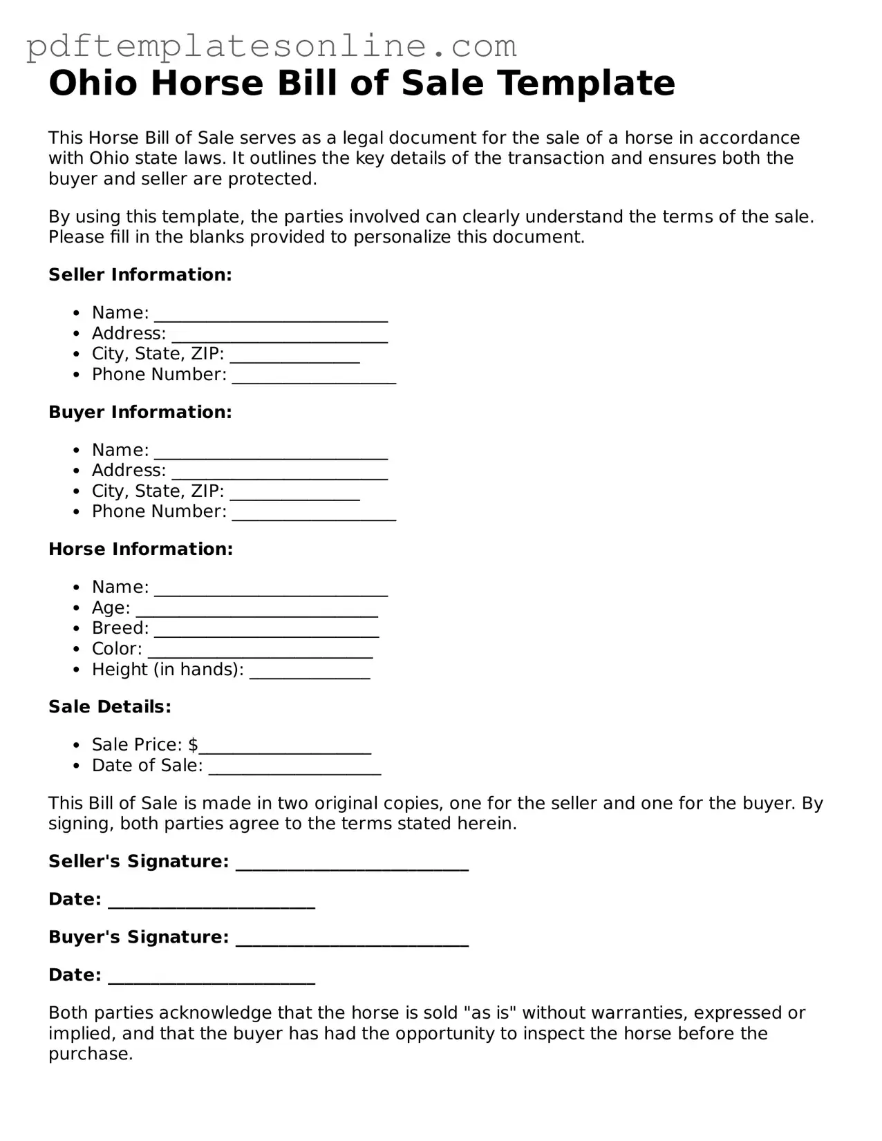 Official Ohio Horse Bill of Sale Document