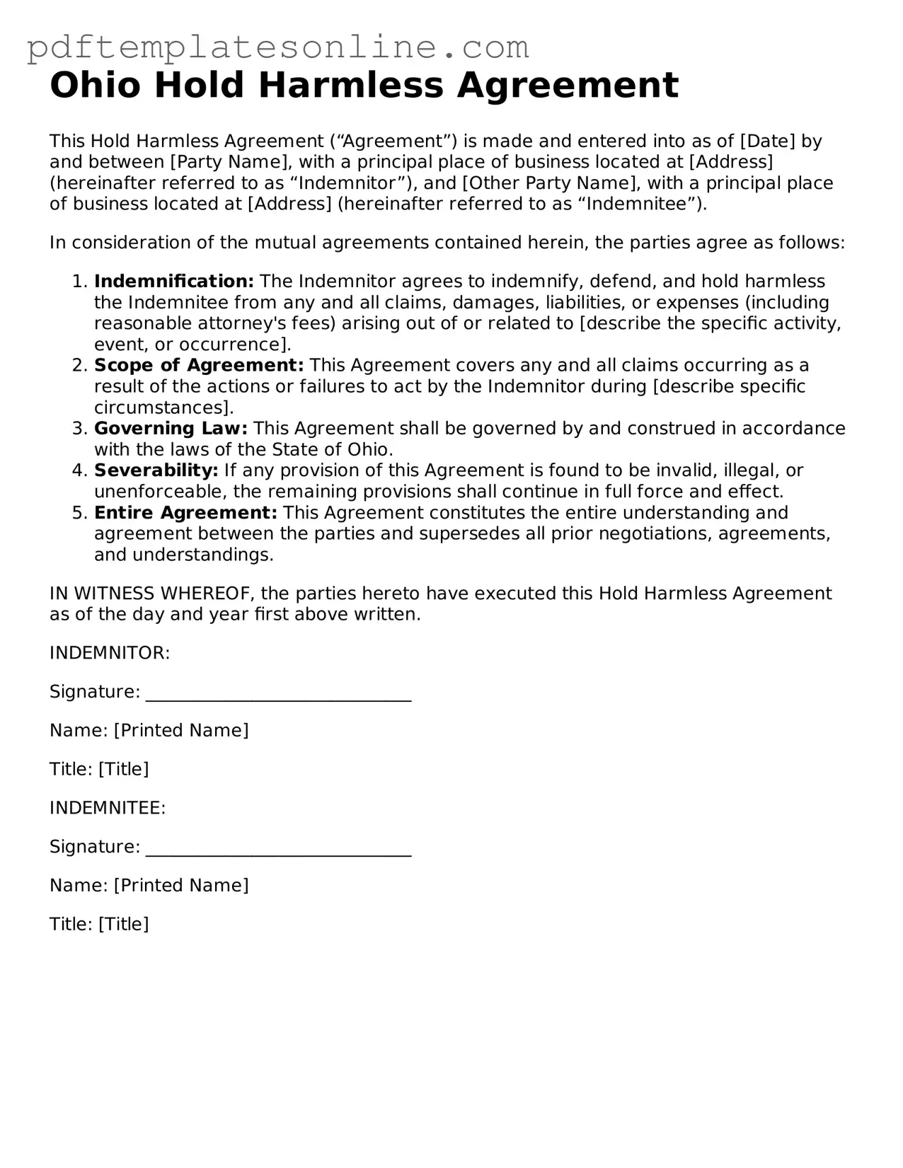 Official Ohio Hold Harmless Agreement Document