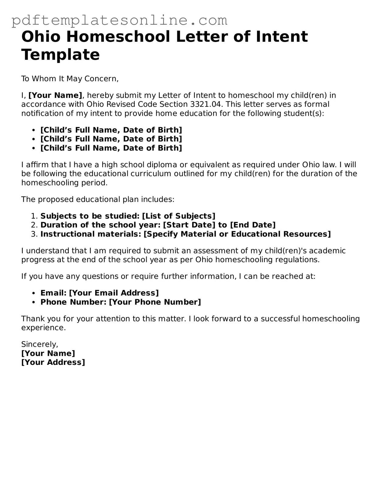 Official Ohio Homeschool Letter of Intent Document