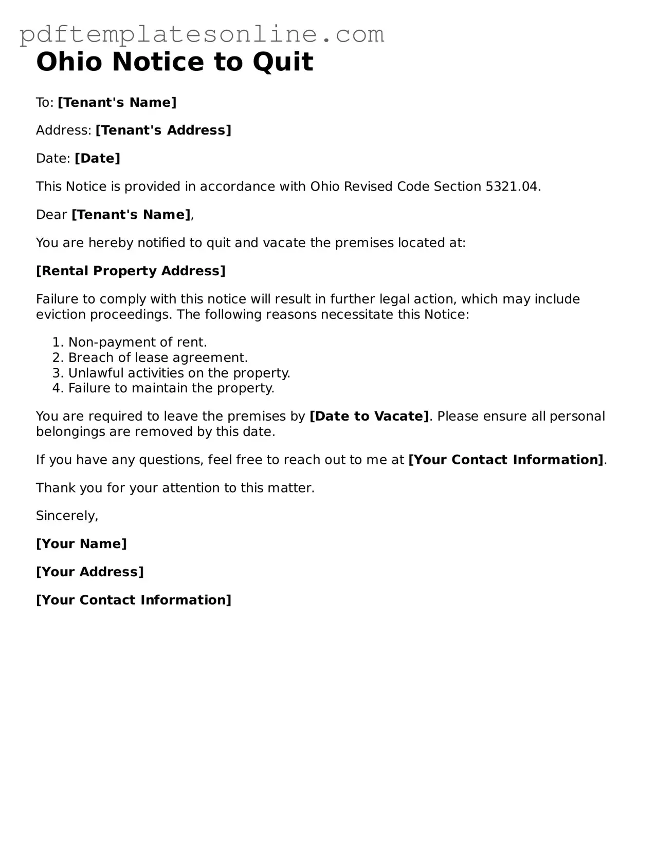Official Ohio Notice to Quit Document