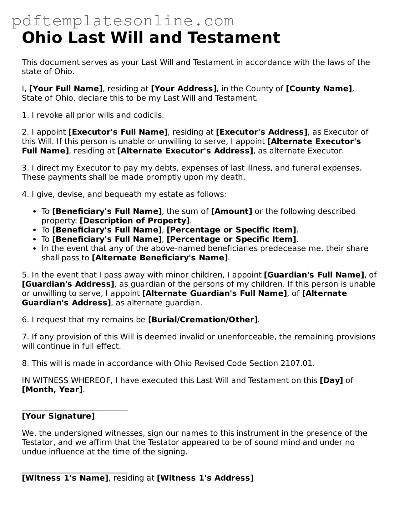 Official Ohio Last Will and Testament Document