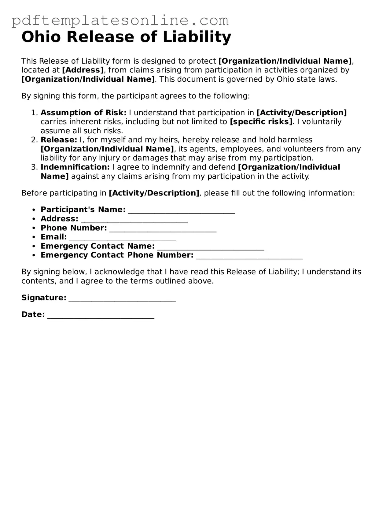 Official Ohio Release of Liability Document