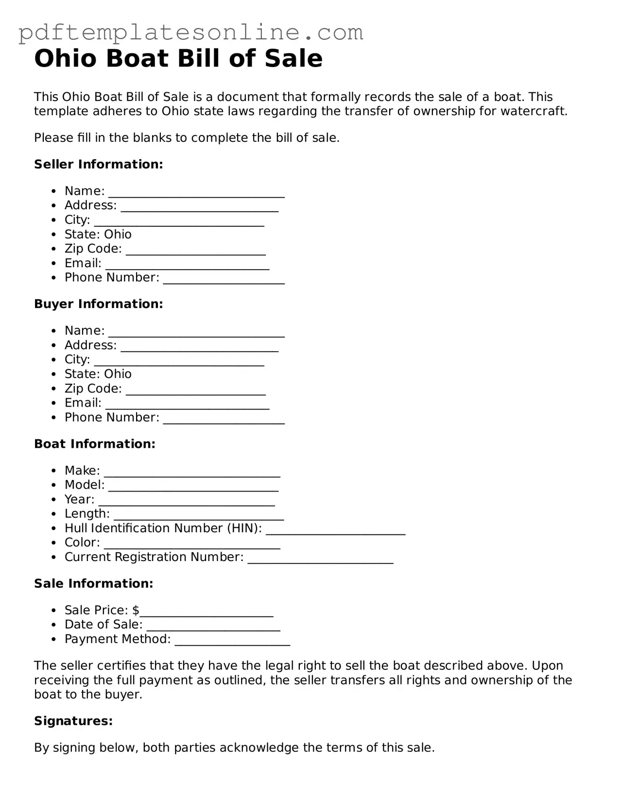 Official Ohio Boat Bill of Sale Document
