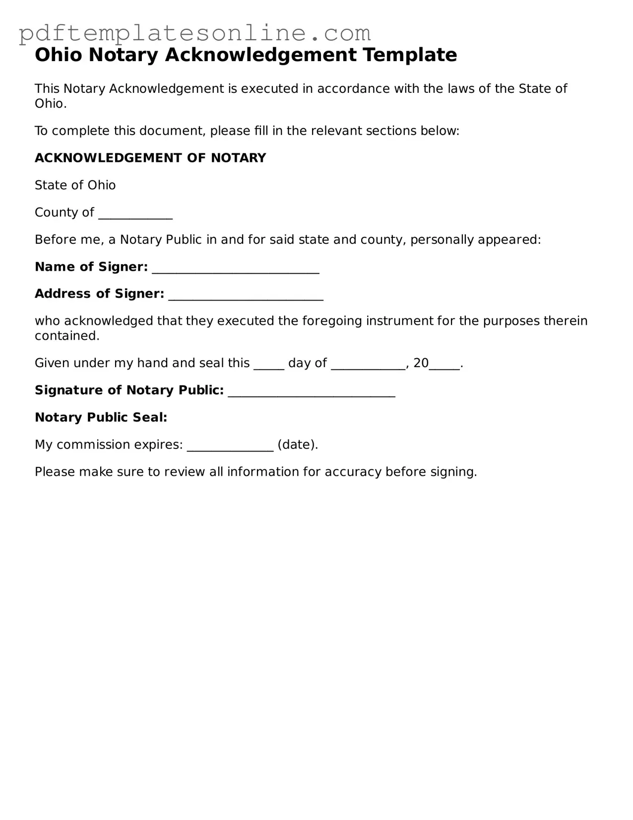 Official Ohio Notary Acknowledgement Document